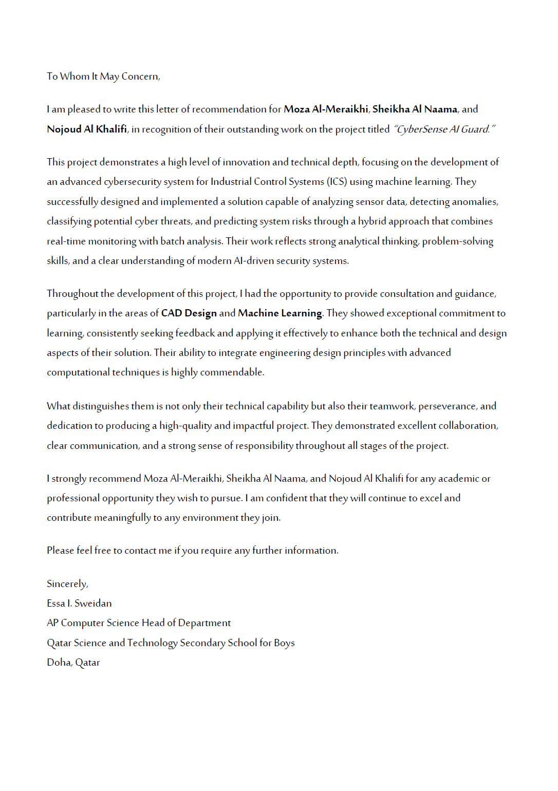 Eng. Essa I. Sweidan recommendation letter