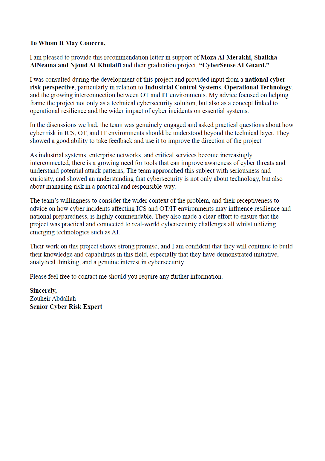 Cyber Risk Expert recommendation letter